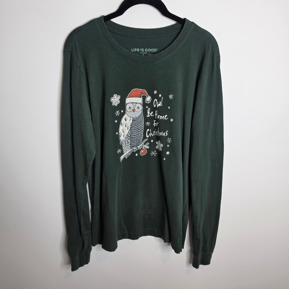 Life is Good Crusher Christmas Owl Graphic Tee Womens Large